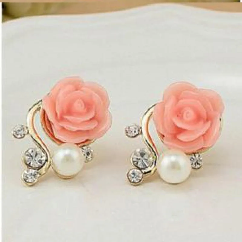 

Fashion Jewelry Exaggerated Earrings New Style Korean Women Pink Rose Imitation Pearl Crystal Earrings Wholesale Birthday gift