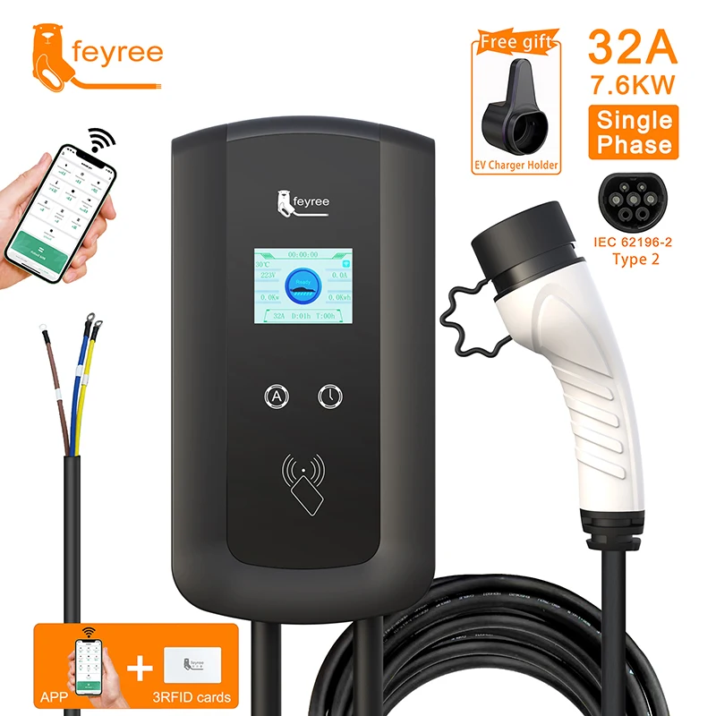 feyree EV Charging Station Type2 Cable 32A EVSE Wallbox Electric Vehicle Car Charger Wall Mount APP Wifi Control 7KW 11KW 22KW