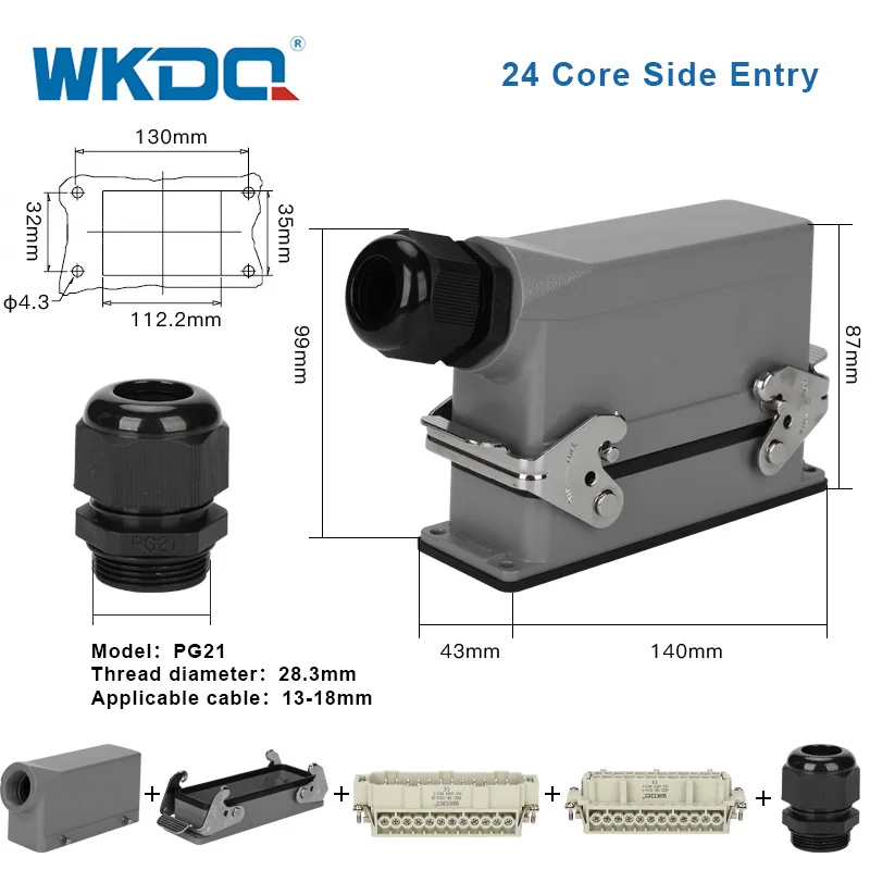 HDC-HE-024 прямоугольный сверхмощный разъем, 24 ядра, промышленный водонепроницаемый авиационный разъем 16 А, 500 В, HE24, верхний/боковой вход