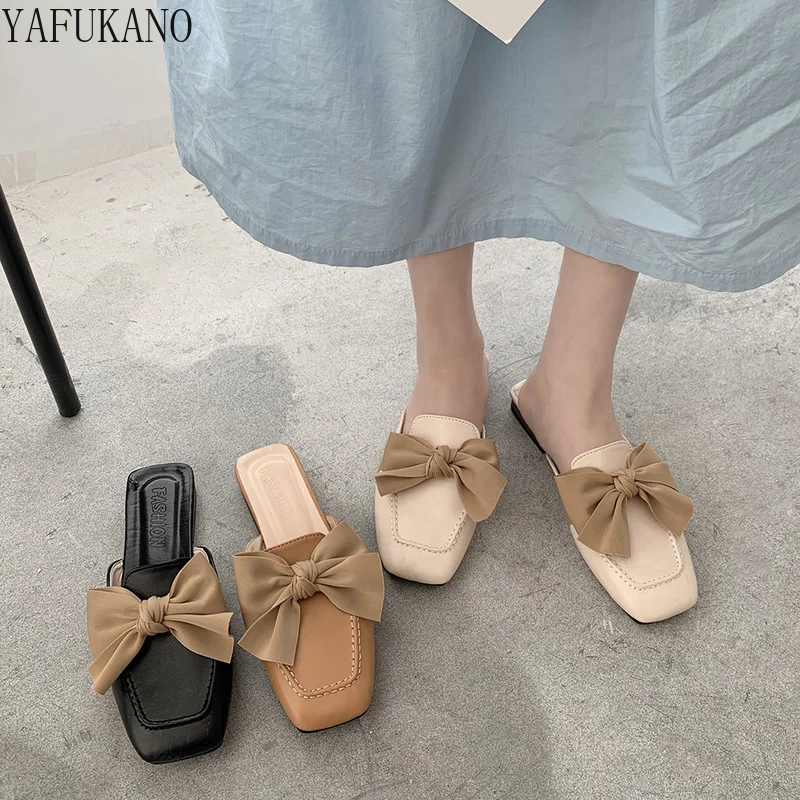 

retro square toe women slippers close toe slides summer bowtie fashion French fairy mules shoes low heel block heel sandals