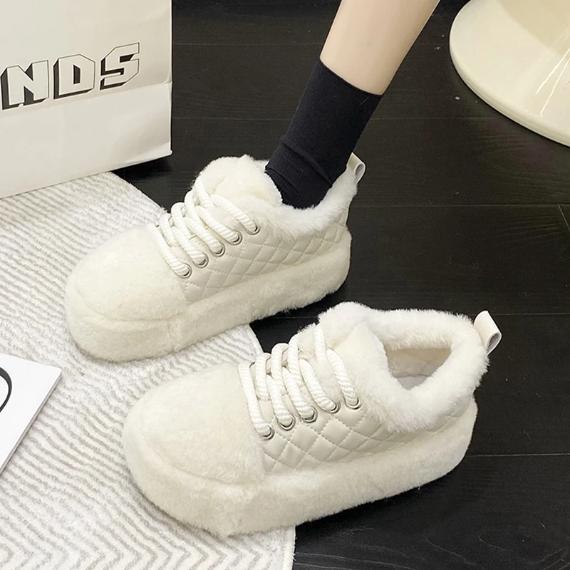 

Winter Flats Fur Sport Shoes Platform Lace Up Casual Women Short Plush Boots 2023 Fad New Walking Trend Warm Women Travel Shoes