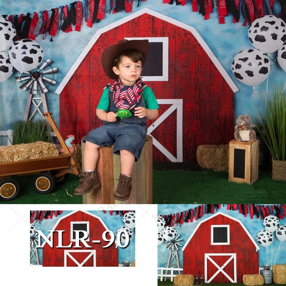 

Cartoon Farm Photography Backdrop Haystack Black White Spotted Ballon Windmill Decorate Room Newborn Baby Shower Barnyard Banner