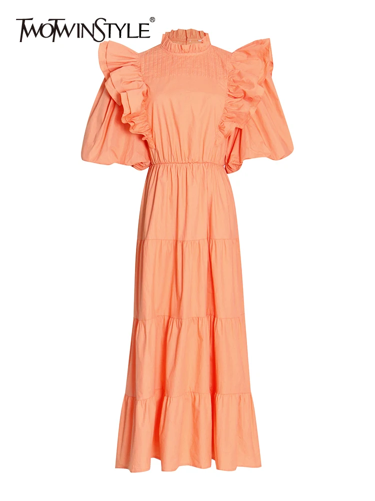 

TWOTWINSTYLE Elegant Solid Dresses For Women Round Neck Short Puff Sleeve High Waist Solid Midi Long Dress Female Clothing Style