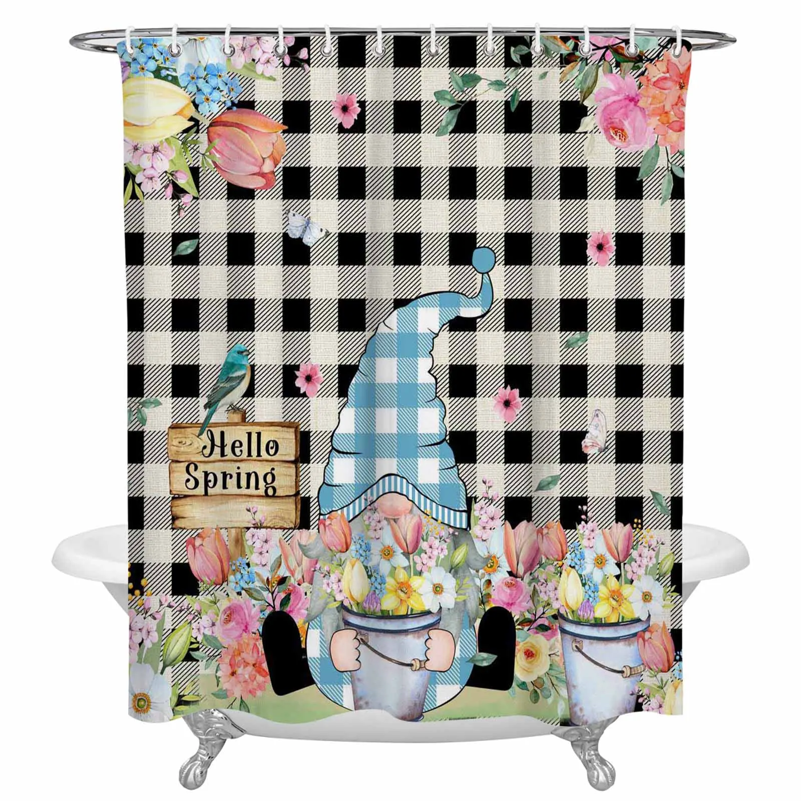 

Идиллическая Весенняя Штора для душа в клетку с гномом и цветком, s Водонепроницаемая занавеска для душа из полиэстера, занавеска для ванной...