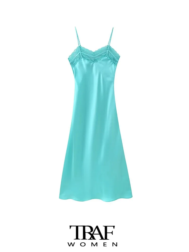 

TRAF Women Fashion With Lace Satin Midi Dress Vintage Backless Side Zipper Thin Straps Female Dresses Vestidos Mujer