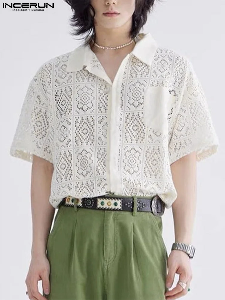 Handsome Well Fitting Men's Tops INCERUN Hollow Lace Pane Flower Printed Blouse Stylish Knitted Short-sleeved Lapel Shirts S-5XL