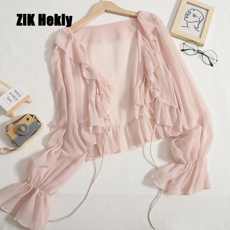 

Zik Hekiy Women Summer Sweet Ruffled Lace-up Sunscreen Shirt Women Fashion Long-sleeved Cardigan Women Shawl Thin Top