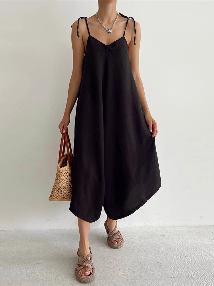 

Женский однотонный комбинезон на бретелях, с V-образным вырезом и открытой спиной, офисный комбинезон, летние комбинезоны с широкими штанин...