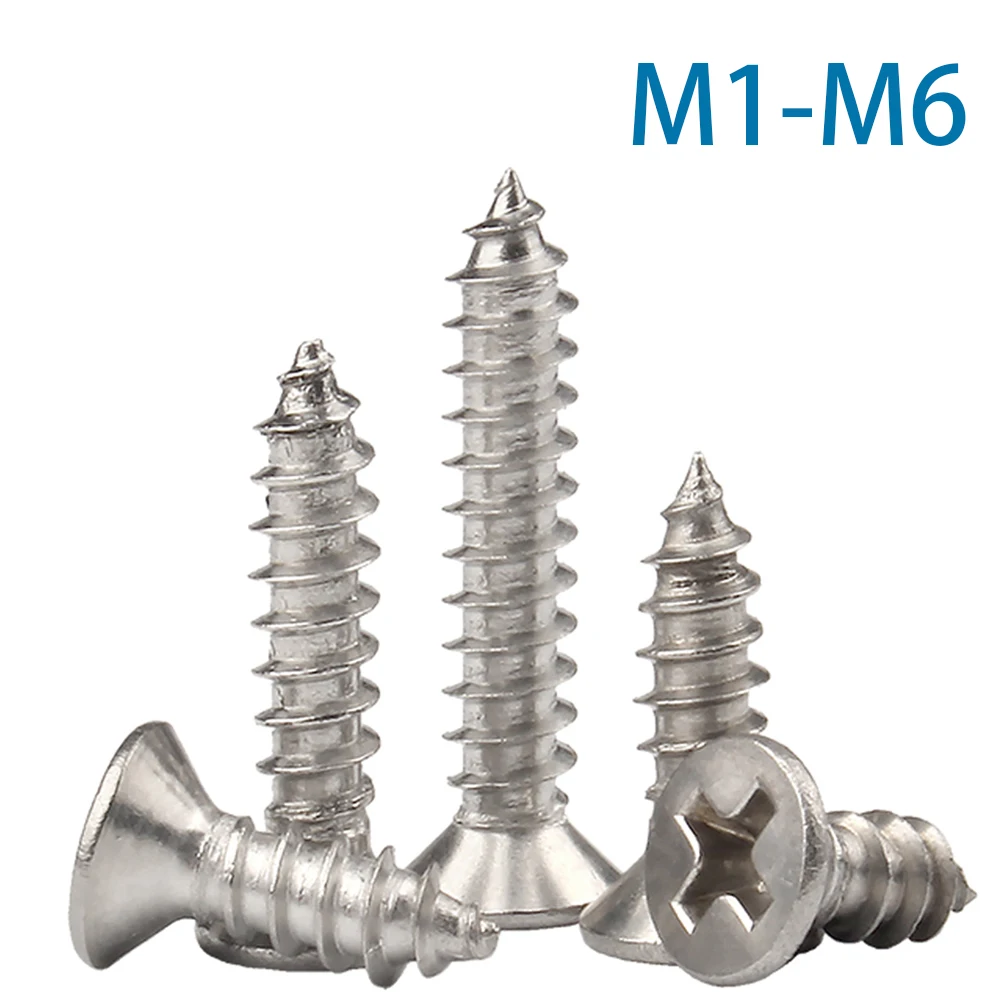 

M1 M1.2 M1.4 M1.7 M2 M2.3 M3 M4 M5 M6 304 Stainless Steel Cross Recessed Countersunk Flat Head Self-tapping Screws Wood Screw