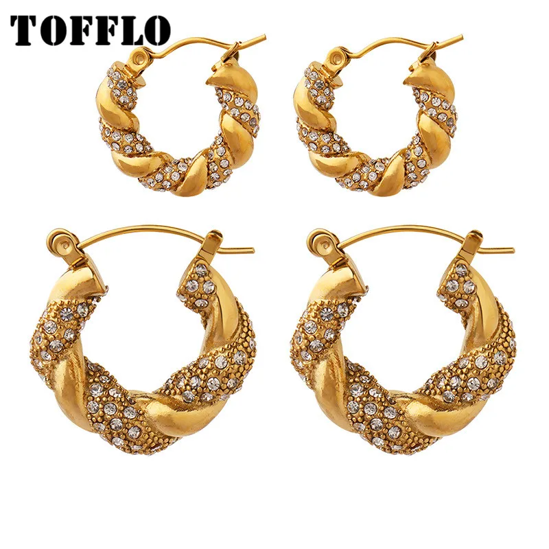 

TOFFLO Stainless Steel Jewelry U-Shaped 18 K Gold-Plated Zircon Fried Dough Twist Earrings Women's Luxury Earrings BSF113
