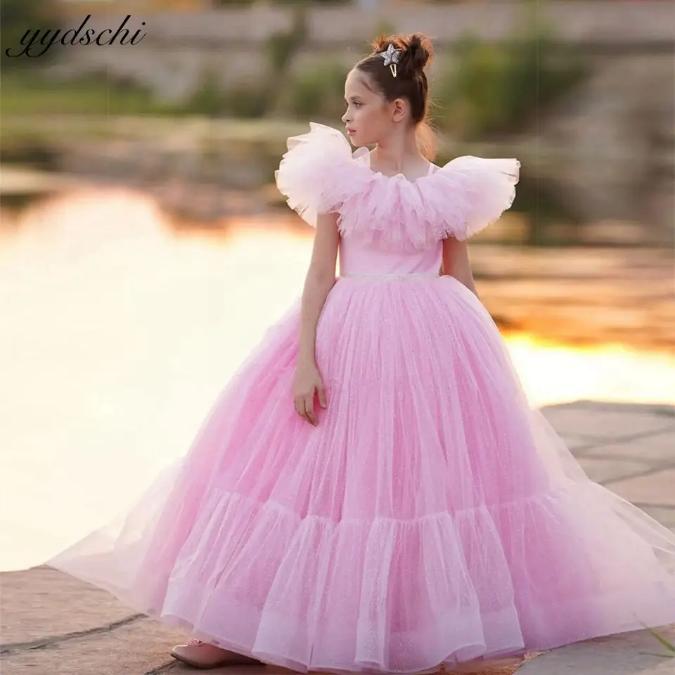 

Lovely Pink Puffy Flower Girl Dresses For Wedding 2023 Tulle Tiered Scoop Neck Princess Pageant First Communion Gowns With Bow