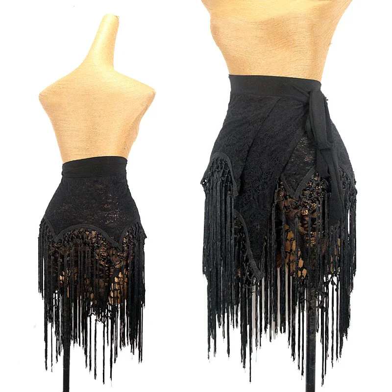 

Женская кружевная юбка для латиноамериканских танцев, черная привлекательная плетеная юбка с кисточками на бедрах, для взрослых, ча-Румба, Самба, танцевальная одежда, одежда для тренировок DNV18670