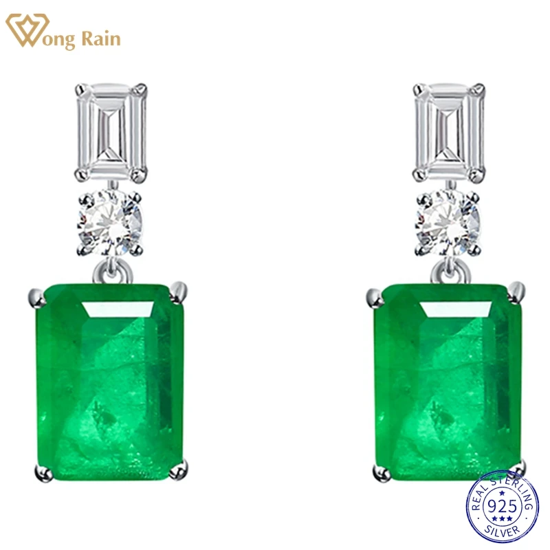 

Wong Rain Vintage Solid 925 Sterling Silver 3EX VVS 8*11MM Emerald Gemstone Created Moissanite Drop Dangle Earrings Fine Jewelry
