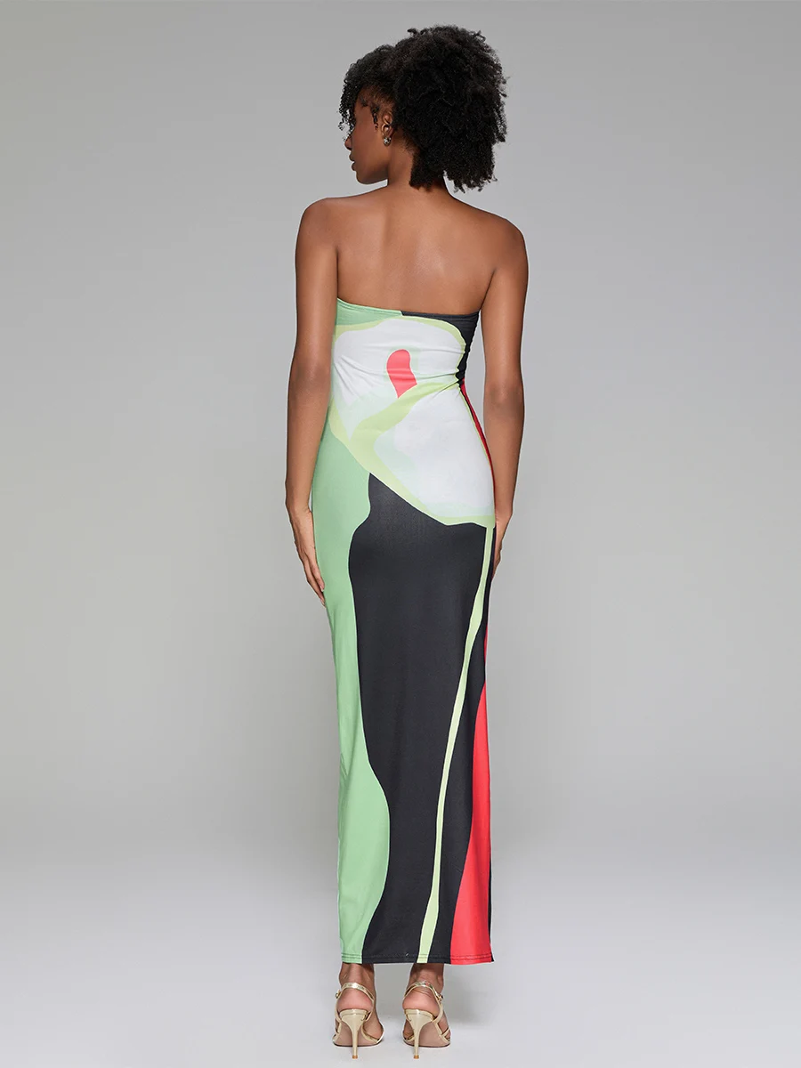 Женское облегающее длинное платье без бретелек с абстрактным принтом