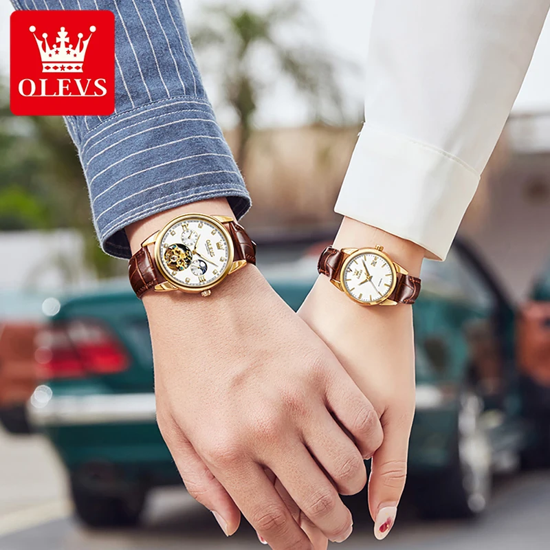 OLEVS Mens Womens Watch Couple Watches Automatic Mechanical Watch Luxury Gold Plated Case Couple Luminous Waterproof Reloj 6629
