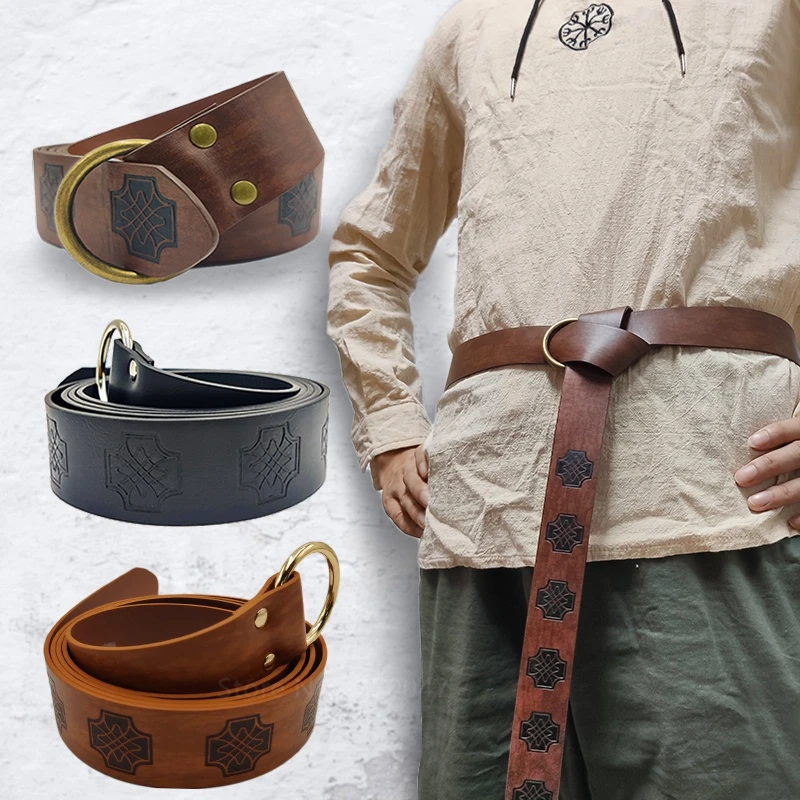 

Steampunk Retro Medieval Viking Buckles Belt Embossed PU Leather O Ring Belt Renaissance Knight Belt Larp Cosplay Waistband