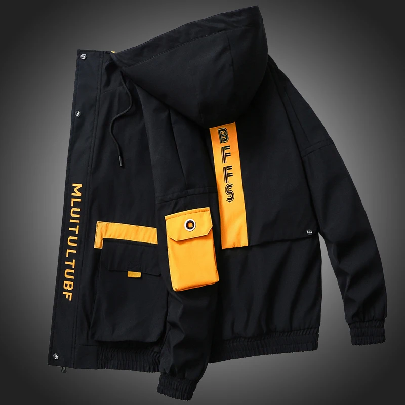 

Mens Jacket Spring Autumn Trendy Thin Patchwork Hooded Jackets Hip Hop Streetwear Man Casual Coat Multi-pocket Sport Windbreaker