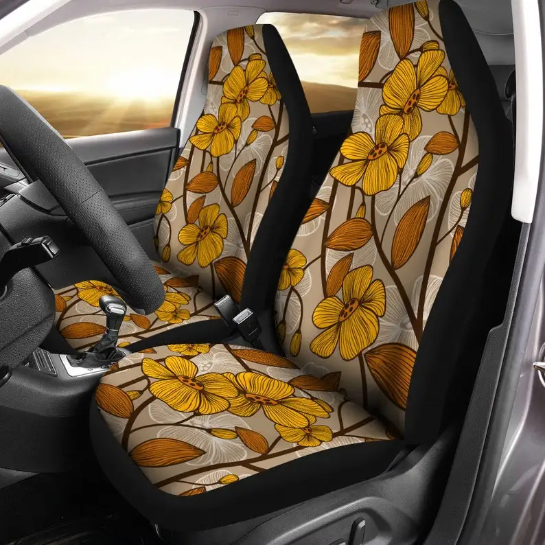 

Brown beige floral Car Seat Covers (1 pair), boho flower universal seat covers, Car Seat Protector, car seat upholstery, Car Acc