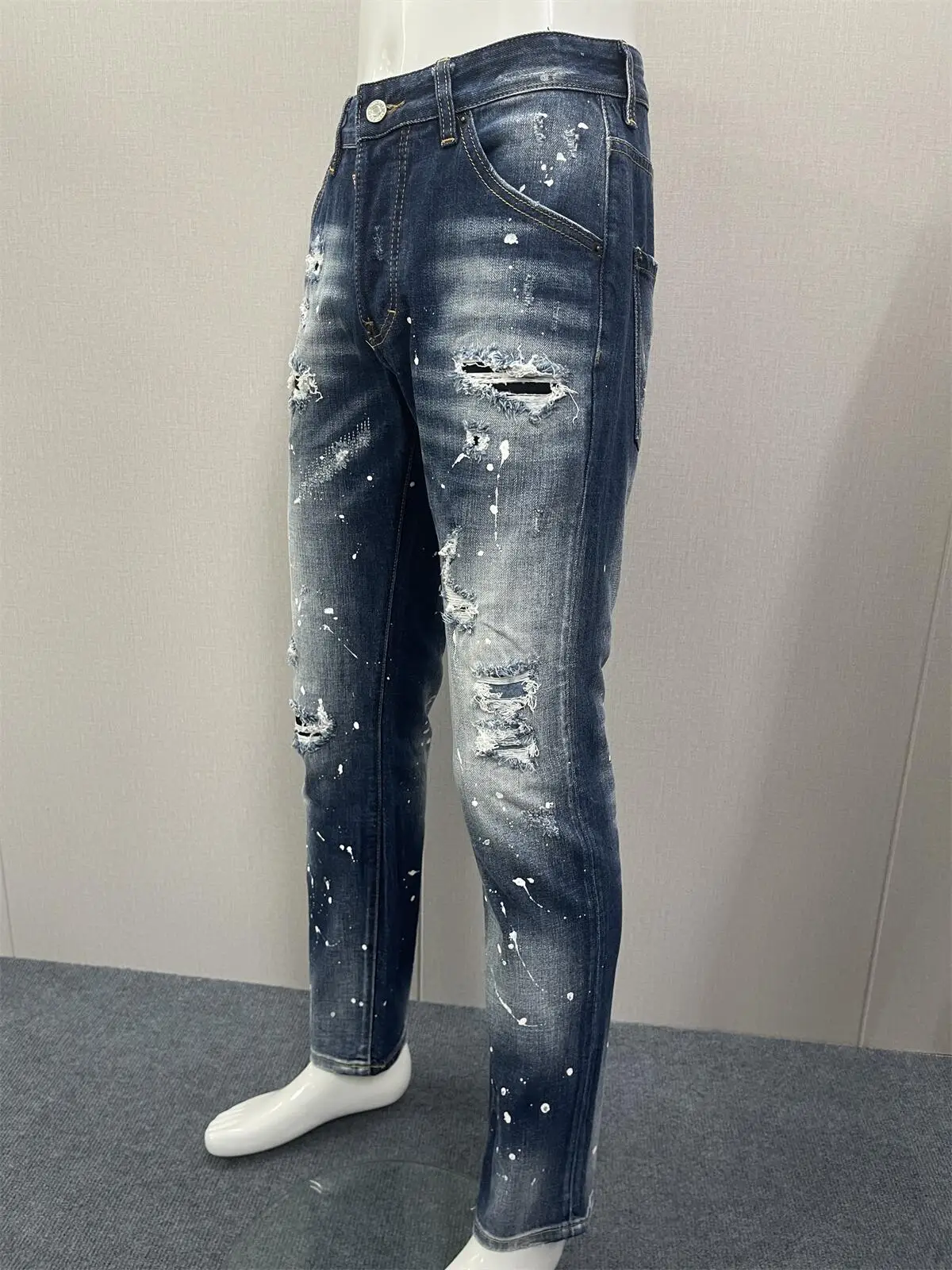 2023 Spring/Summer New Jeans Fashion Men's Water Wash Worn Hole Patch Hand Sewn Paint 3D Cut Blue Denim Pants Men