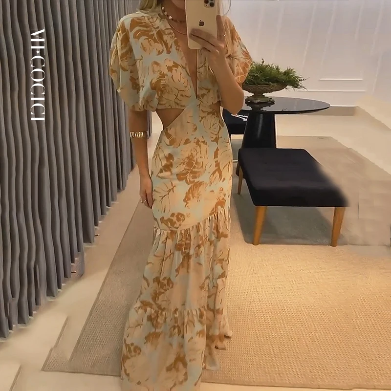 

MECOCICI Women Maxi Dress Summer Sexy Elegant V Neck Puff Sleeve Leaky Waist Floral Print Long Skirt Party Evening Dresses