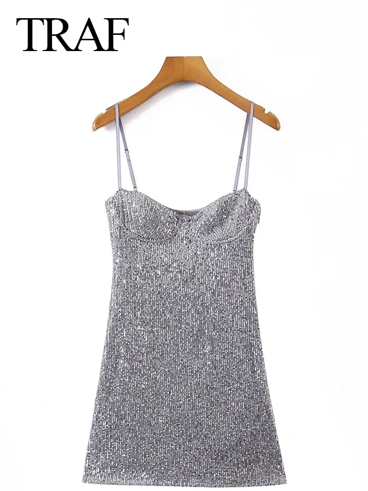 

TRAF Summer Breast Wrap Sequin Adjustable Sling Dress Open Back Slim Sexy Side Zip Stretch Lined Mini Dress Ladies Club Party