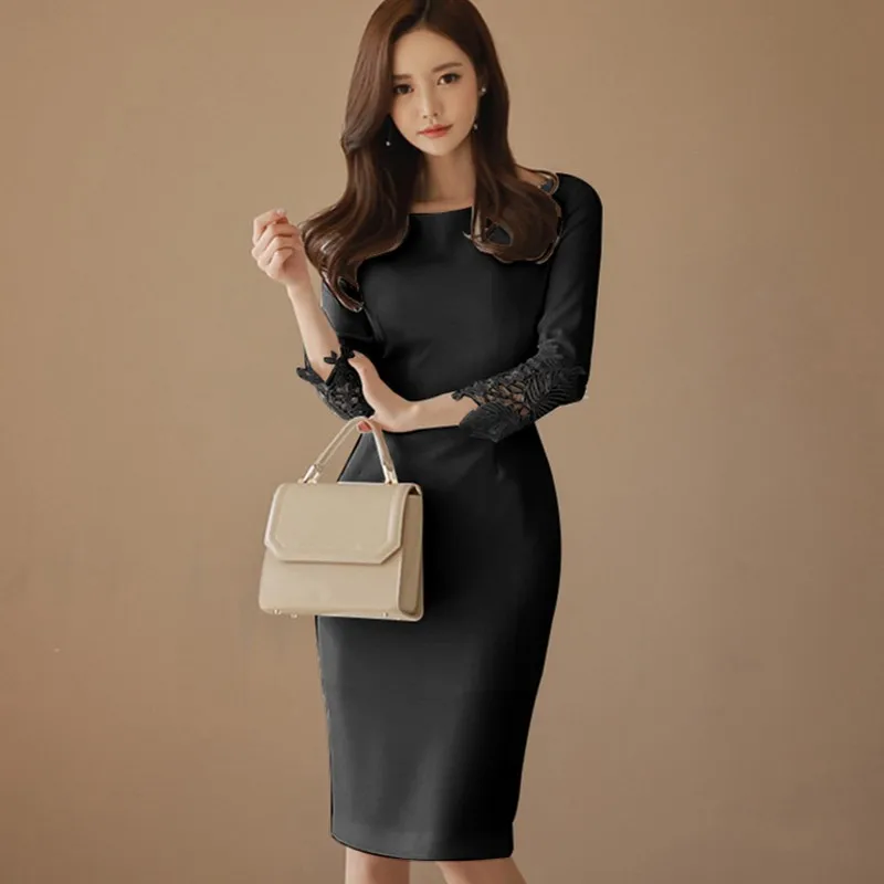 

Autumn New Fashion Solid Lace Patchwork Elegant Pencil Dress Women Fitted Sheath Bodycon Dress OL Work Vestidos red white