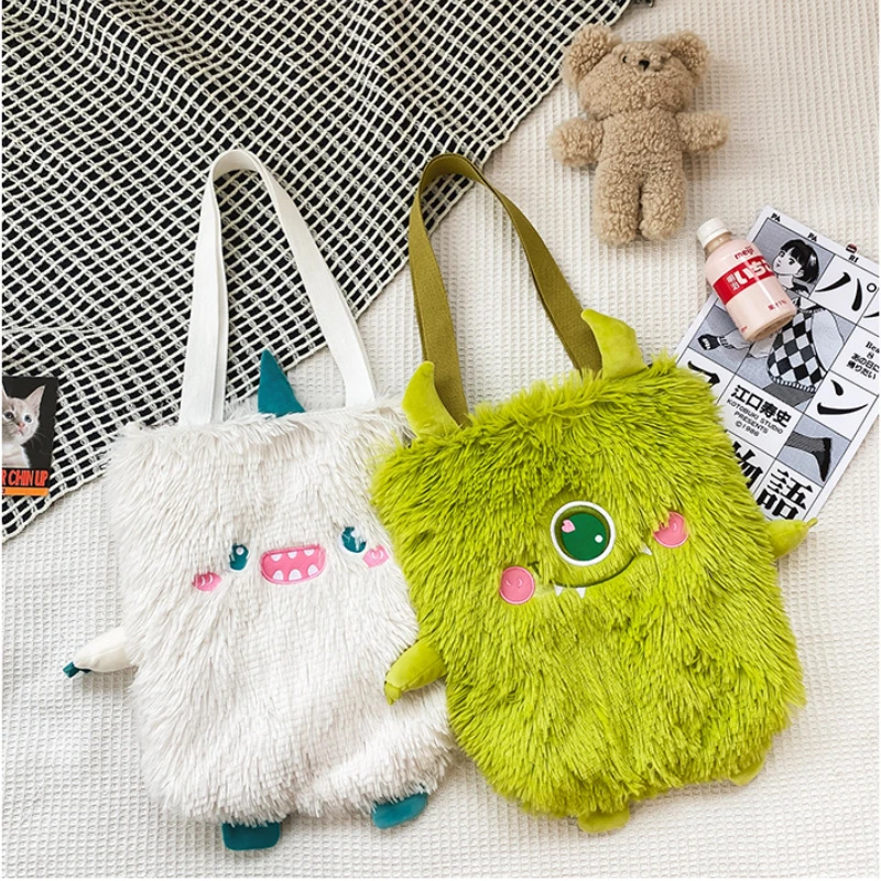 Women New Japanese Cute Funny Plush Handbag Personality Embroidery Little Monster Plush Girl Student Shoulder Bag Female Bag
