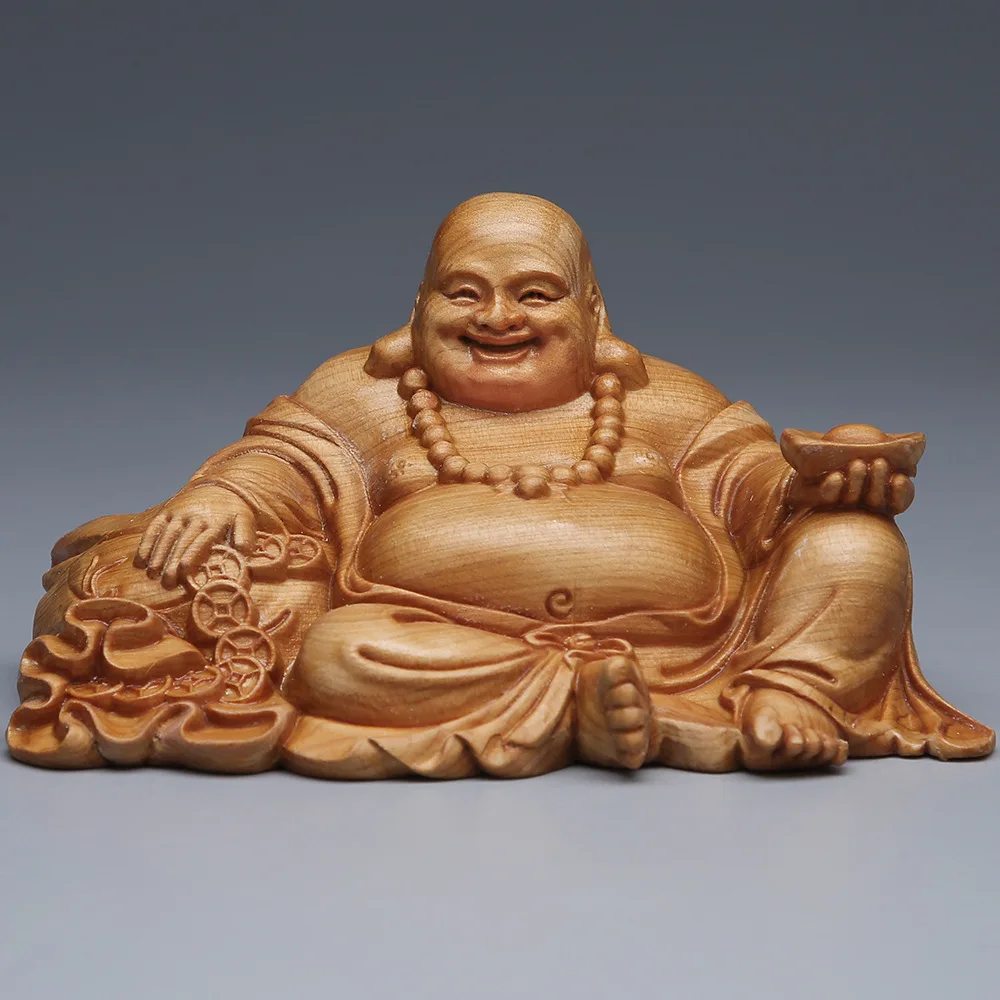 

Thuja Fengshui Ingot Maitreya Wood Carving Ornaments Big Belly Buddha Lucky Crafts Ornaments Opening Gifts