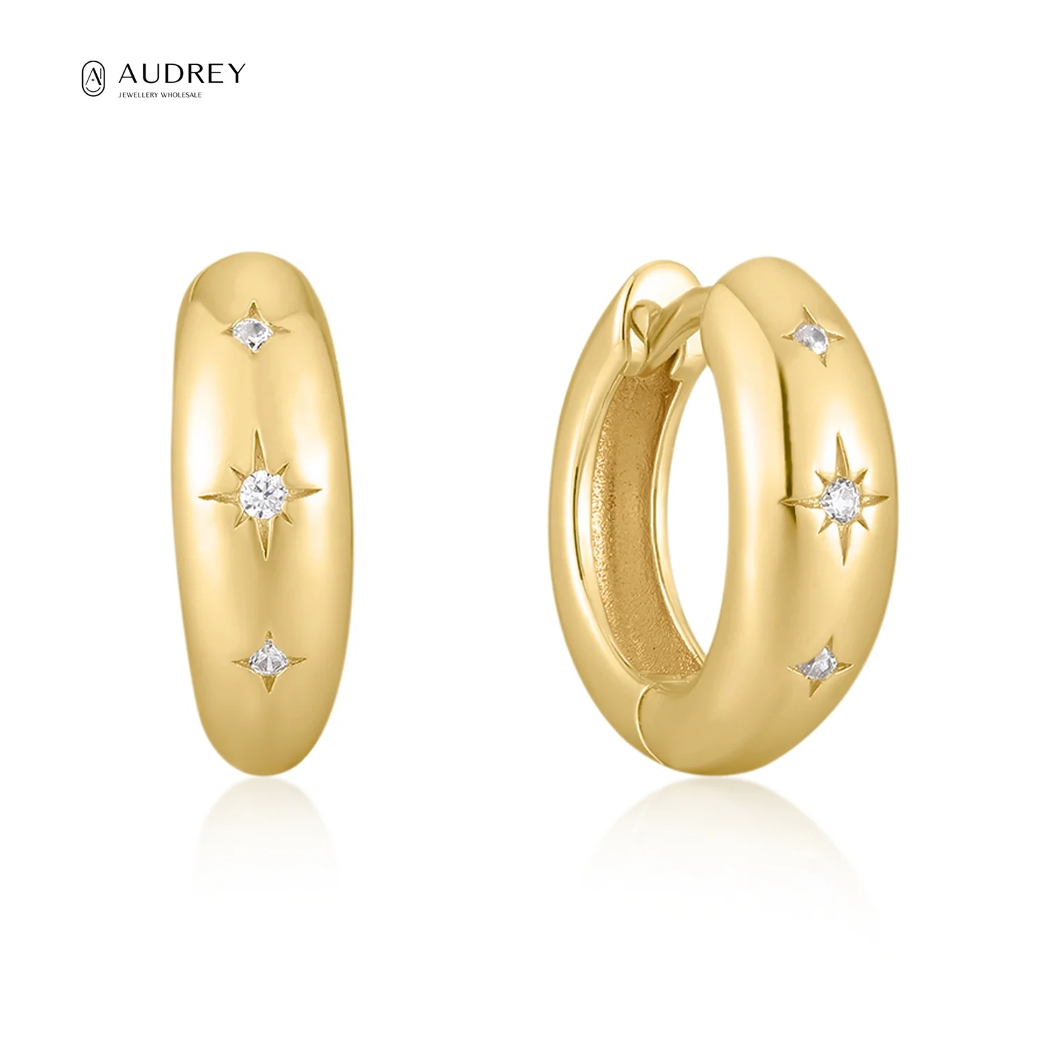 

Audrey Drop Shipping Sparkling Earring Plated 14K Real Gold Vermeil 925 Sterling Silver Jewelry Zircon Huggie Hoop Earrings