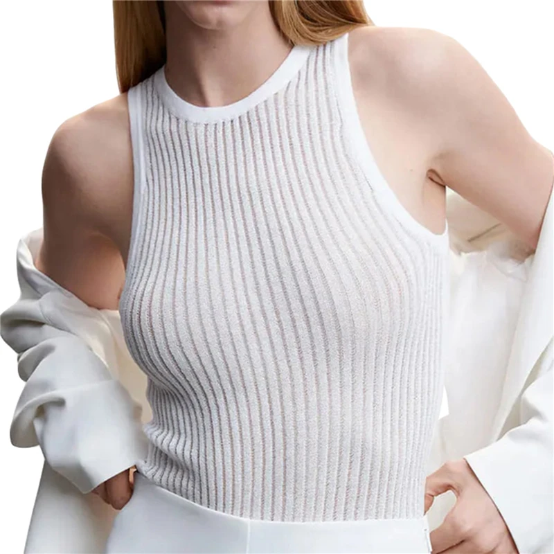 

Rib Knit Tank Tops for Women 2000s Aesthetic Hollow Out Round Neck Sleeveless T Shirt Basic Tees Summer Casual Vest Streetwear