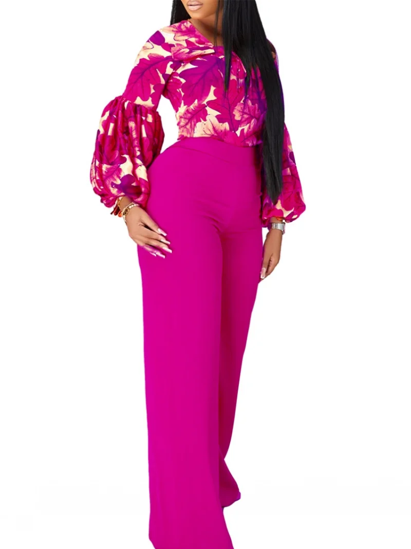 2 Pieces Women's Sets Summer Autumn Flower Print Blouse Shirt Suit Tops And Pants Suits Dashiki African Set Tracksuit Outfit