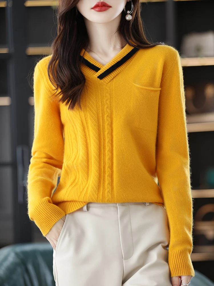 

100% Merino Wool Sweater Ladies Cross V-Neck Pullover Autumn Winter New Casual Knit Bottoming Shirt Half Warm Women's Jacket Top