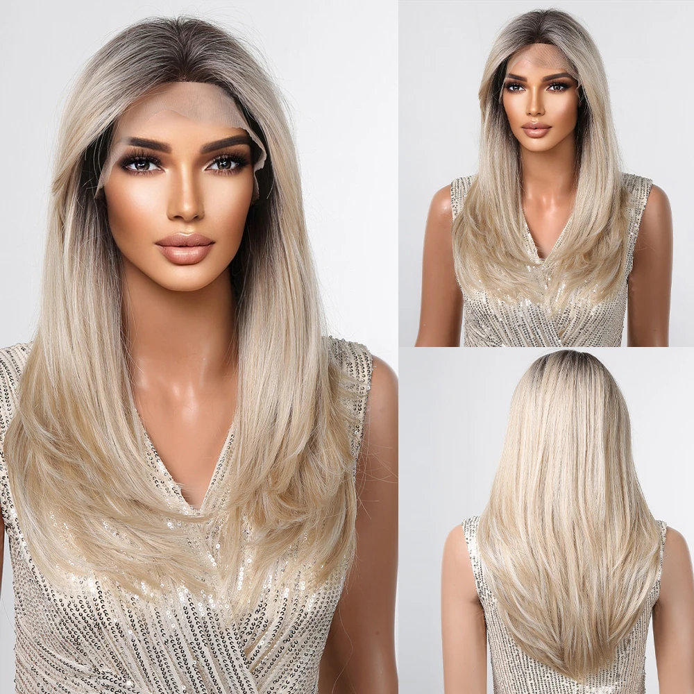 

HAIRCUBE Brown Blonde Ombre Lace Front Synthetic Wigs for Women Long Straight Dark Roots Hair With Bangs Layered Natural Wigs