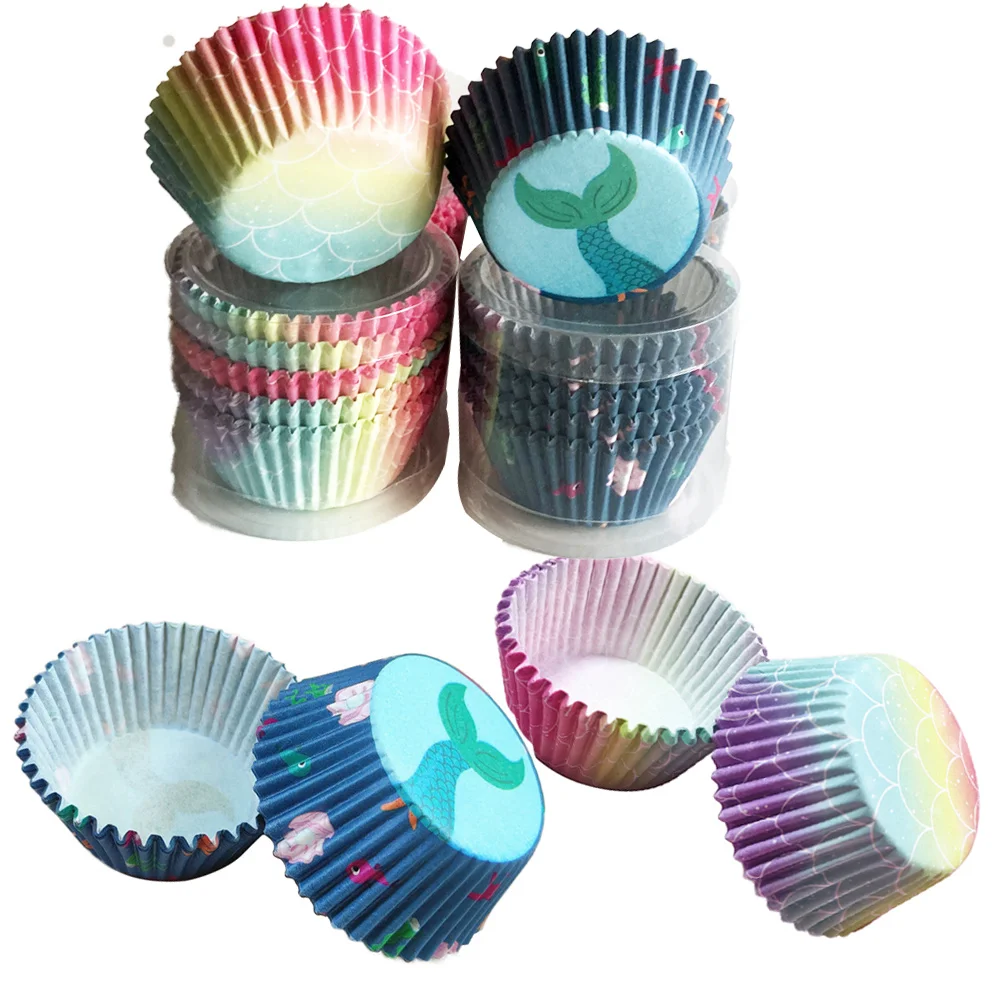 

100PCS Mermaid Cupcake Liners Paper Baking Cup Cove Topper Muffin Wrappers Summer Girl Birthday Mermaid Sea Theme Party Supplies