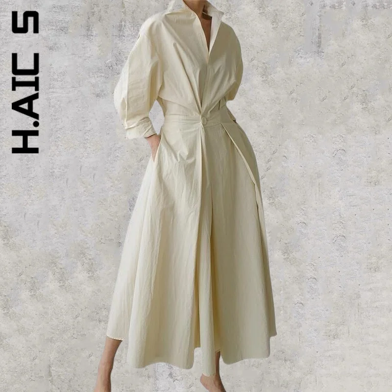 

H.Aic S New Women Dress Neck Long Sleeve Solid Long Shirt Dress Vintage Outfits Slim Basic Dresses Woman Vestidos Female