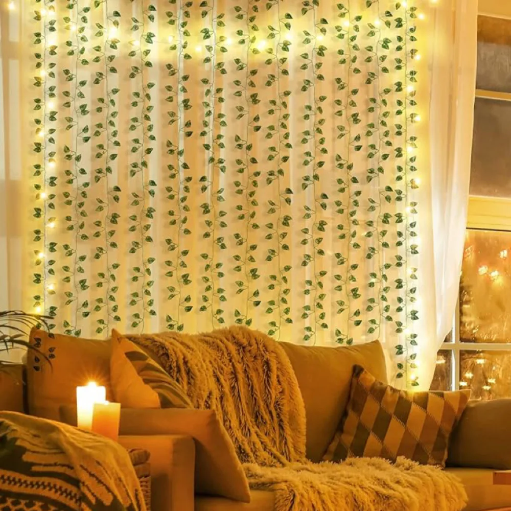 Светодиодная искусственная зеленая листья Виноградная лоза Рождественская
