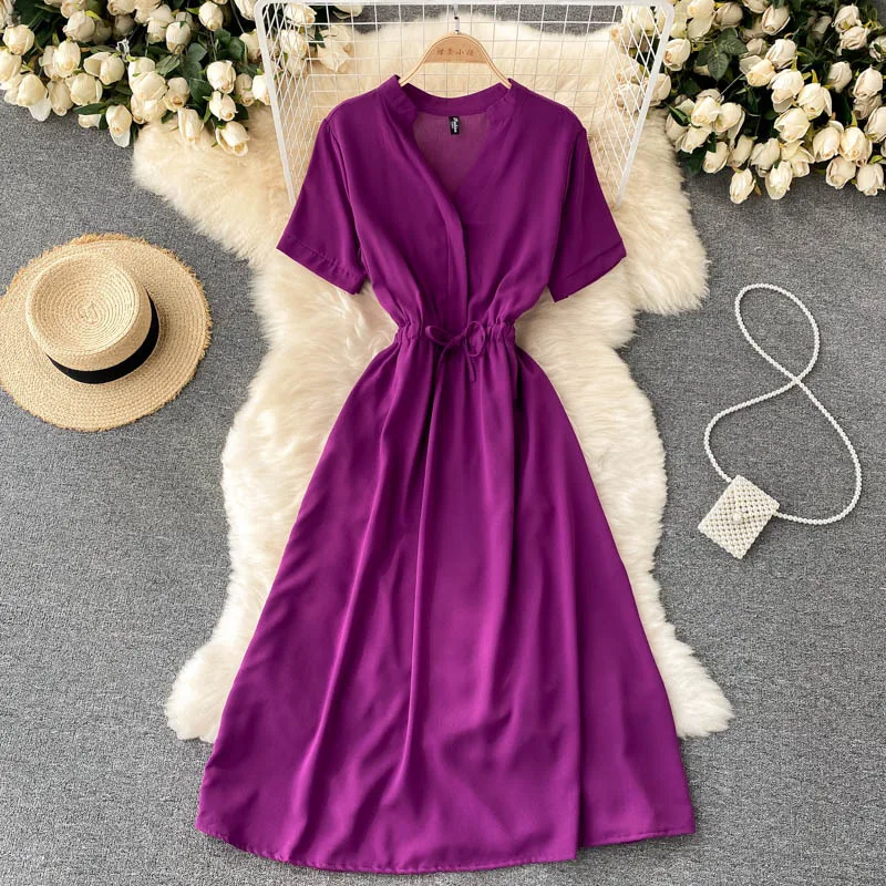 

v-neck short-sleeved dress summer long dress white
