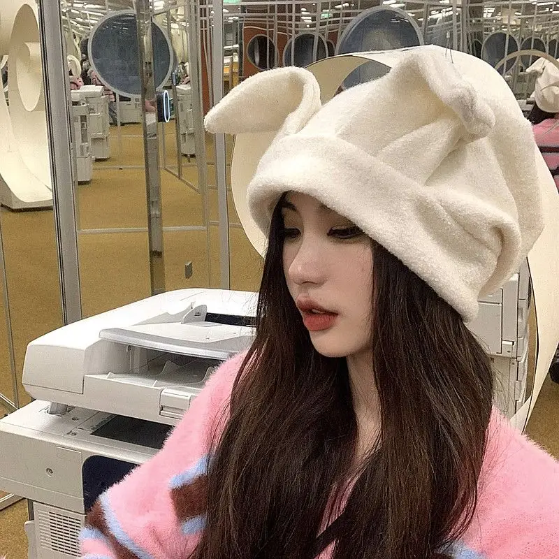 

Y2K Women Winter Lovely Reduce Age Rabbit Ears Winter Warm Hat Cute Bunny Ears Beanies Hats Lady Thick Caps Accessories