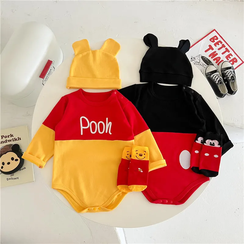 Spring Newborn Baby Rompers Sock Hat 3pcs Set Cartoon Mickey Mouse Pooh Boys Girls Jumpsuit Infant Costume Long Sleeve Bodysuits