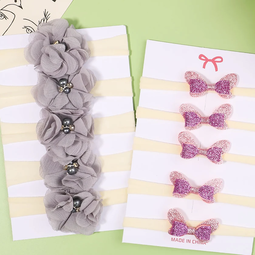 

5Pcs/Set Sweet Flower Baby Bows Headband For Children Girls Solid Nylon Hair Bands Newborn Turban Headwear Kids Hair Accessories