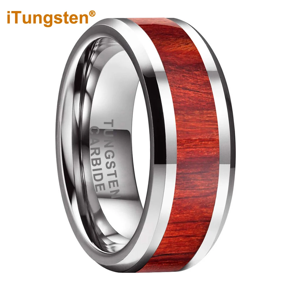 

iTungsten 6mm 8mm Tungsten Carbide Wedding Band Fashion Engagement Finger Rings Red Sandalwood Inlay Polished Shiny Comfort Fit