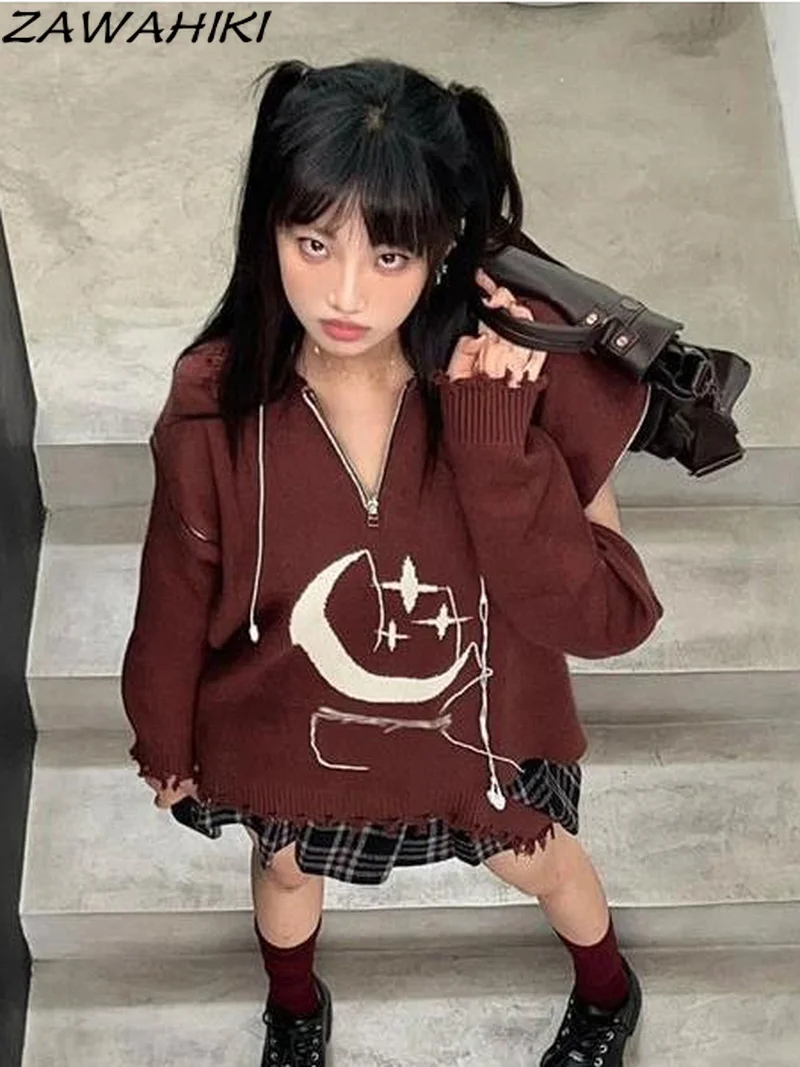 

Harajuku Street Sweater Shoulder Hollow Out Zipper Decoration Pullover Hoodie Y2K Knitted Oversize T-shirts 90s Grunge Knitwear