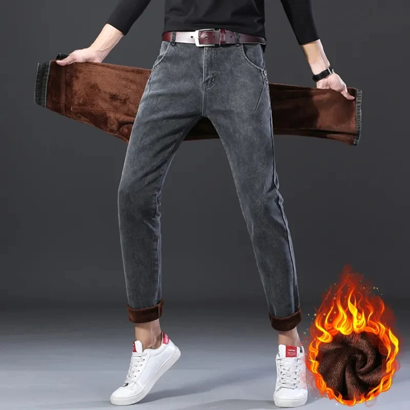 

Классные мужские термоэластичные джинсы, Зимние теплые плюшевые узкие штанины, серые джинсы, толстые флисовые джинсовые длинные брюки, модные брюки