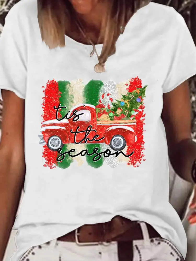 

Happy New Year Graphic T-shirt Merry Christmas Clothes Watercolor Truck Love Women Clothing Fashion Basic Tee Top Print T Shirt
