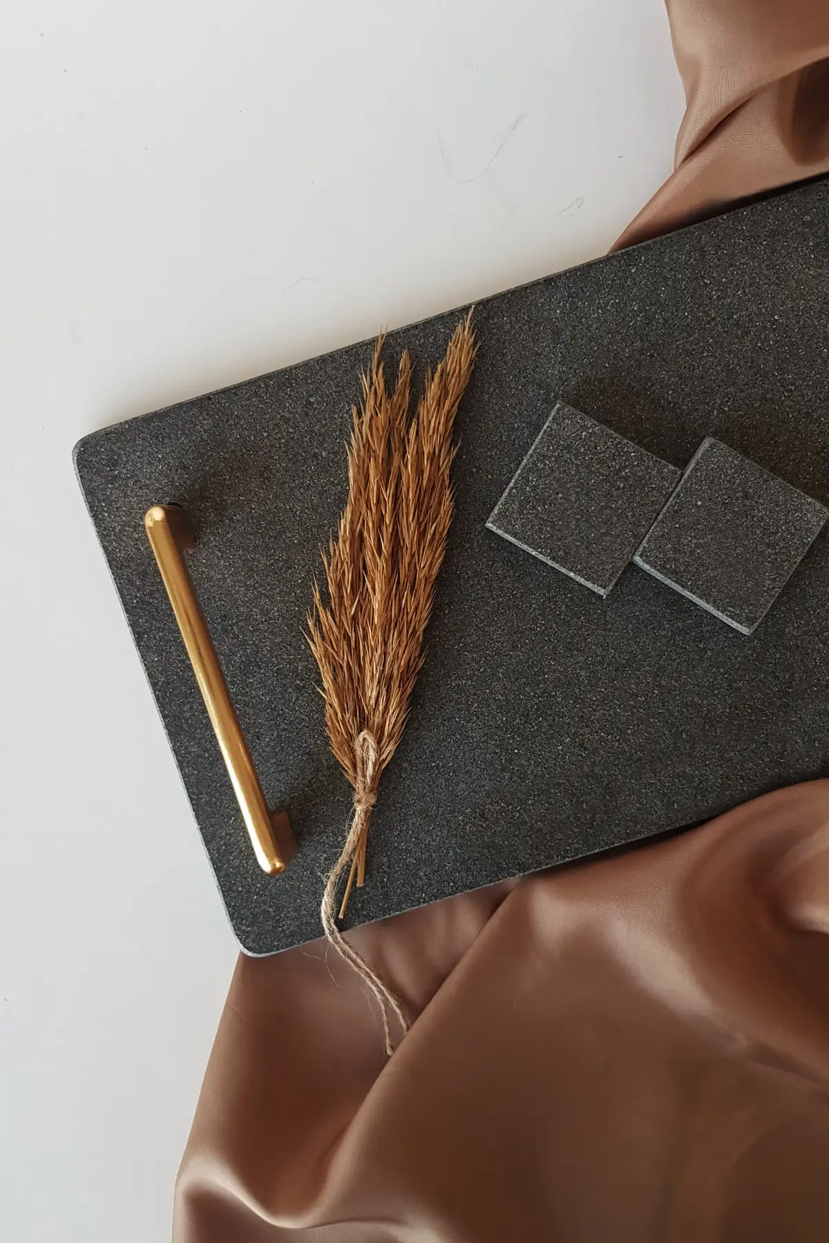 

Black Basalt Marble Promise / Engagement Tray 2 Piece Ring Holder - Gold Handle