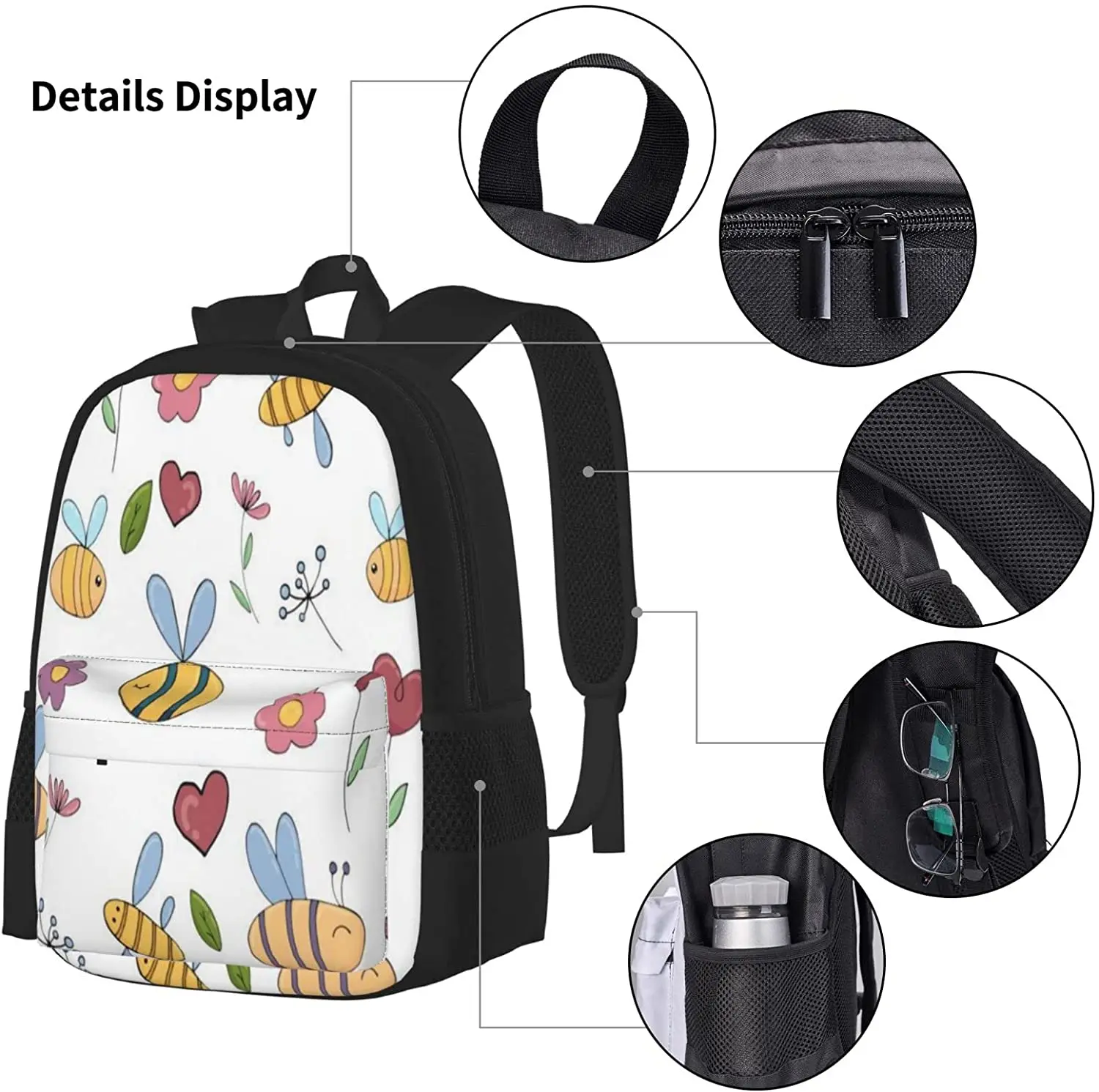 Backpack Funny Bee Bumblebee Yellow Schoolbag Travel Bag Casual Daypack Lunch Bag Pencil Case for Boys Teens Girls 3pcs Sets