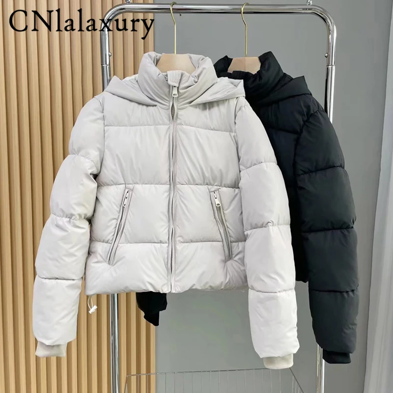 CNlalaxury Winter Woman Hooded Pressed Rubber Cotton Jacket Casual Long Sleeve Pocket Short Jackets Stand Collar Bread Clothes