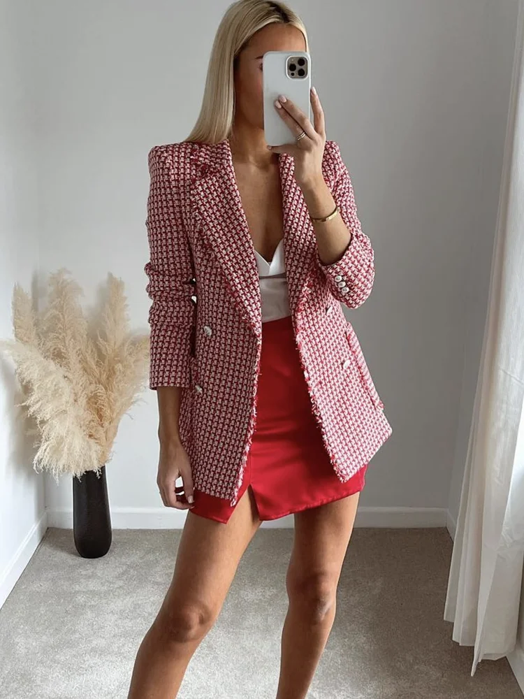 

Stylish Women Red Plaid Tweed Blazer Jacket 2022 New Office Lady Double Breasted Button Up Slim Coat High Waist Outerwear
