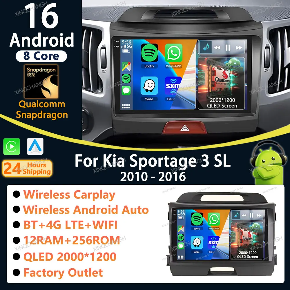 Фото Автомагнитола Android 16 с Carplay и Auto для Kia Sportage 3 SL 2010-2016, QLED, 2 DIN, 4G, WIFI, навигация, стереосистема, GPS, аксессуары №1