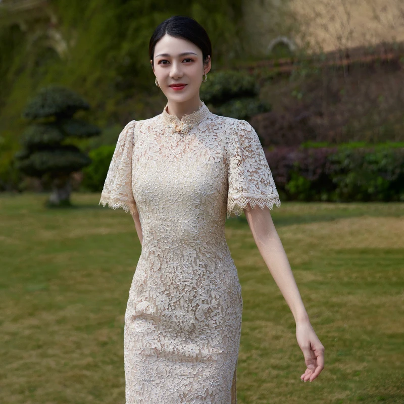

Simeizi Improved Apricot Formal Dress for Women Clothing 2023 Summer Chinese Style Fishtail Lace Two-piece Cheongsam for Wedding
